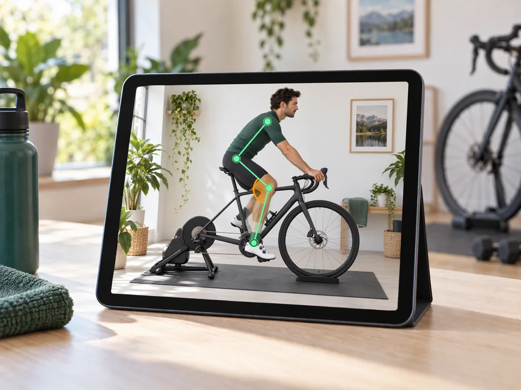 Une tablette montrant le cycliste avec l'angle du genou mesuré sur la photo.