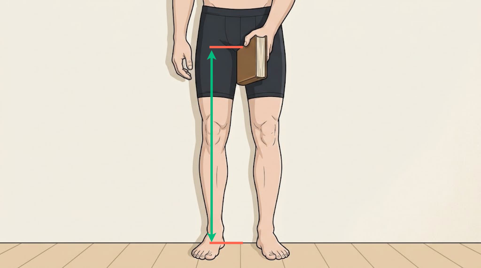 Diagram showing how to measure cycling inseam using a book held firmly against the wall.